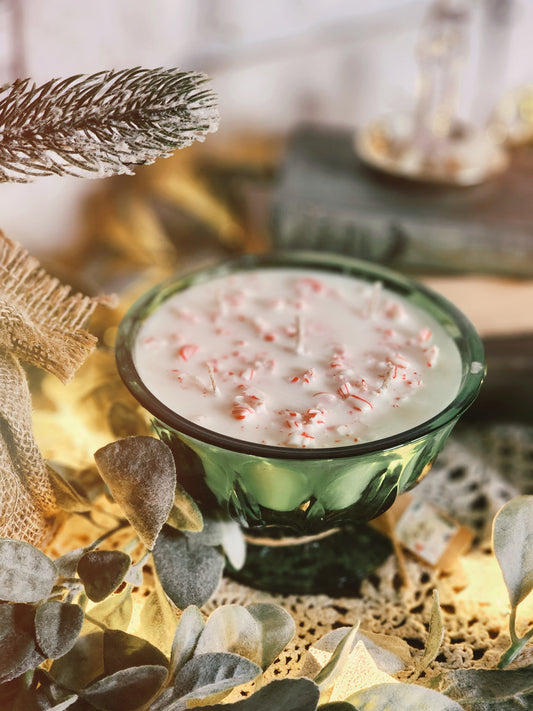 Vintage Green Glass Candle - Christmas Cottage